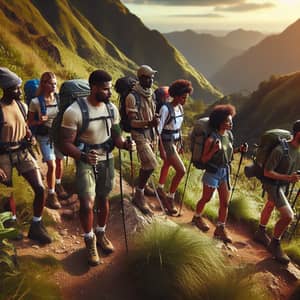 Diverse Afro-Caribbean Hiking Team Conquering Mountain Trail