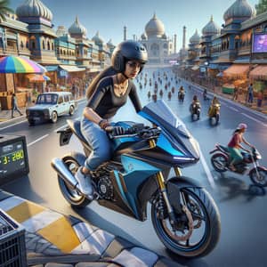 Customizable Female Character Riding Motorbike in Vibrant Indian Game Setting