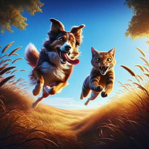 Vivid Border Collie and Agile Feline Chase in Natural Setting