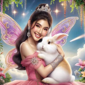 Enchanting South Asian Fairy Hugging Soft Bunny