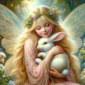 Blonde Fairy Hugging Bunny Artwork