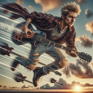 90s Rock Musician Flying with Guitars - Edgy Punk Rock Flight