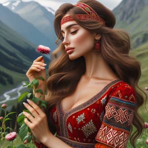 Armenian Woman in Traditional Dress Admiring Flower in Mountain Landscape