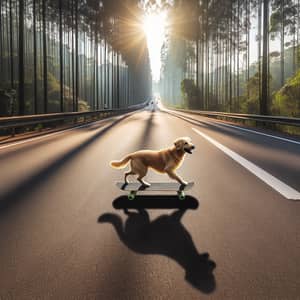 Joyful Dog Skateboarding Down Forest Highway