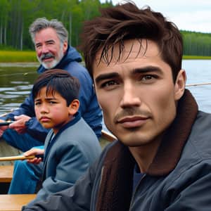 Caucasian Man Fishing with Grandson in a Picturesque Forest