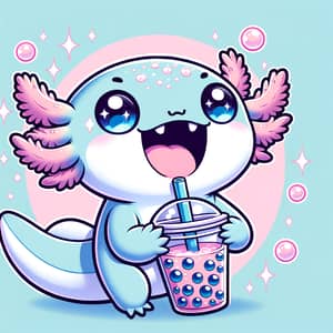 Cute Kawaii Axolotl Sipping Bubble Tea Illustration