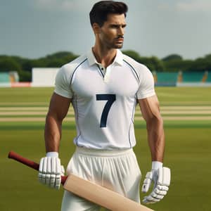 Dhoni: Tall Athlete in White Cricket Uniform | Number Seven