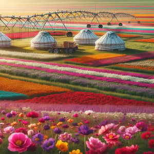 Spring Flowers and Kazakh Yurts in Serene Rural Setting