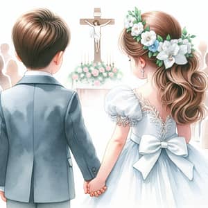Watercolor Painting of Boy and Girl in Communion Dresses