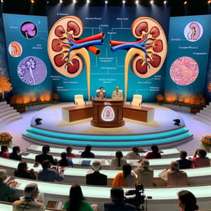 Nephrology Stage Decor: Kidney Models, Cell Views & Speakers