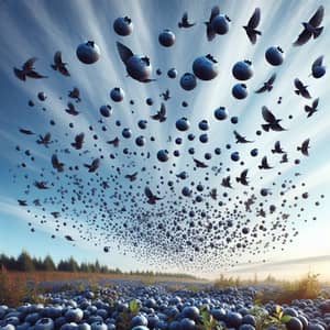 Large Flock of Blueberries Flying in the Sky