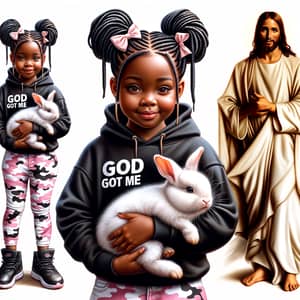 Realistic Airbrush Style Image of Young Black Girl with Braids and 'God Got Me' Hoodie