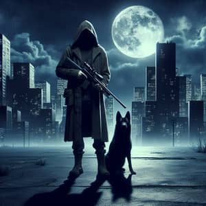 Dystopian City Hunter with Rifle and Dog - Night Scene