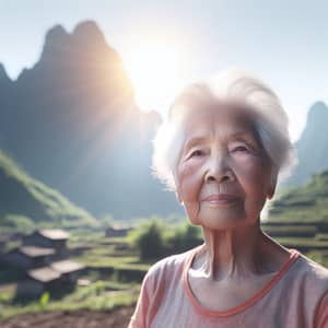 Elderly Asian Woman Standing Strong in Rural Chinese Mountain Setting