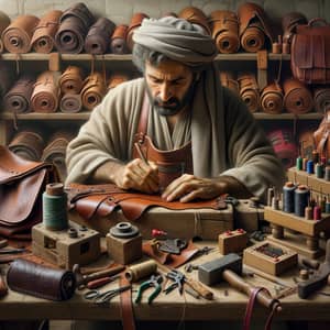 Middle-Eastern Man Crafting Leather Bag | Skilled Artisan
