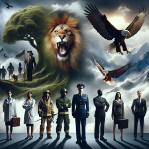 Diverse Leadership Symbolism: Lion, Eagle, Tree & Multiethnic Figures