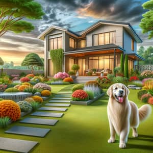 Detailed & Realistic Modern Home with English Garden & Golden Retriever