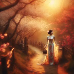Vietnamese Woman in Elegant Traditional Dress Walking Amid Cherry Blossoms