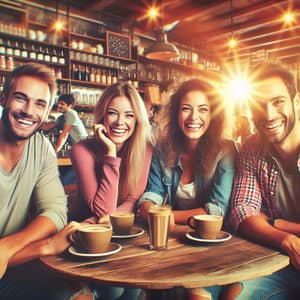 Cheerful Café Scene with Multicultural Friends Smiling
