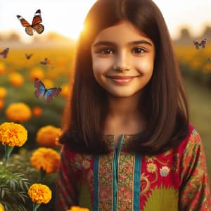 Young South Asian Girl in Colorful Traditional Dress Smiling in Marigold Field