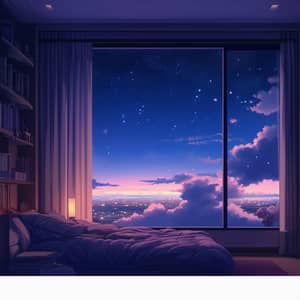 Cozy Anime Bedroom at Night with Cloudy Sky View