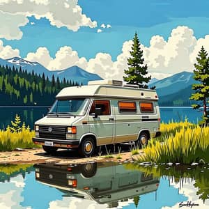 Camper Van by Lake - Computer Art by Kaii Higashiyama