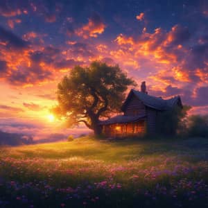 Enchanting Wooden Cottage in Magical Twilight Setting