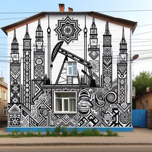Ingush Ornament & Oil Production Mural on Five-Story Building