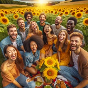 Vibrant Sunflower Field Picnic with Diverse Friends | Joyful Moment