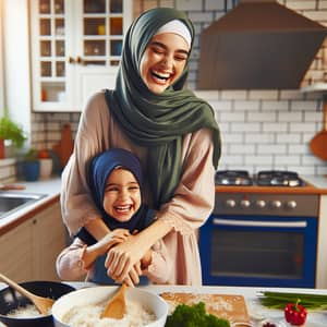 Muslim Woman & Daughter Making Rice: Joyful Kitchen Scene