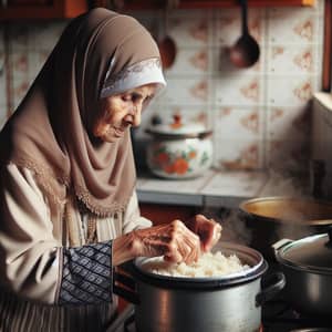 Elderly Muslim Woman Cooking Rice with Aromatic Spices