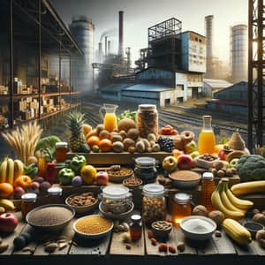 Organic Products Amid Industrial Setting - Fresh Fruits, Vegetables, Nuts, Seeds