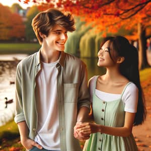 Innocent Young Love in Autumn Park | Joyful Couple Walking Hand in Hand