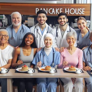 Diverse Cancer Patients & Medical Staff at Pancake House | Modern Hospital Setting