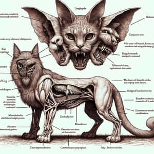 Mythical Hybrid Creature: Cat Body, Dog-Like Legs, Lion Tail, Cow Ears, Dinosaur Teeth