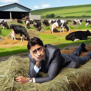 Disgusted Businessman in Dairy Farm Scene | Serene Cow Background