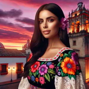 Mexican Woman in Traditional Dress at Sunset - Colorful Image