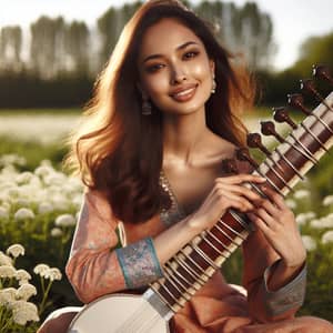 Radiant South Asian Woman Playing Sitar in Flower Field