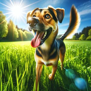 Energetic Mixed Breed Dog in Lush Green Field