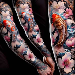 Vibrant Koi Fish and Sakura Arm Tattoo Design