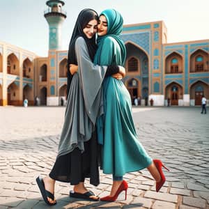 Iranian and Arab Girls in Hijabs Embracing on Cobblestone Street