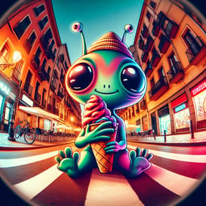 Cute Alien Enjoying Ice Cream in Vibrant City Scene