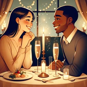 Romantic Diverse Couple Date in Cozy Restaurant