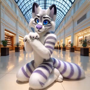 White Furry Femboy Avatar with Purple Stripes and Blue Eyes
