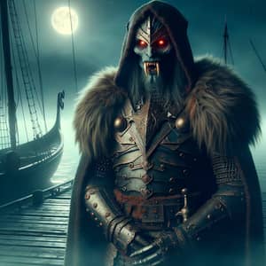 Scandinavian Viking Vampire in Armor on Foggy Dock