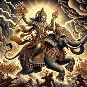 Indian Deity Indra in Mythological War Scene