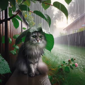 Domestic Cat Seeking Shelter Under MakeShift Canopy in Rain