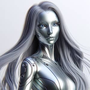 Futuristic Humanoid Character Model with Metallic Skin and Green Hair