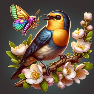 Realistic Gold-Breasted Robin with Rainbow-Colored Moth Caterpillar