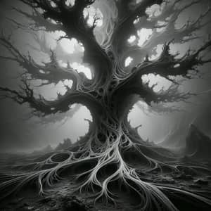 Eldritch Binary Tree: Hauntingly Detailed Black and White Photograph